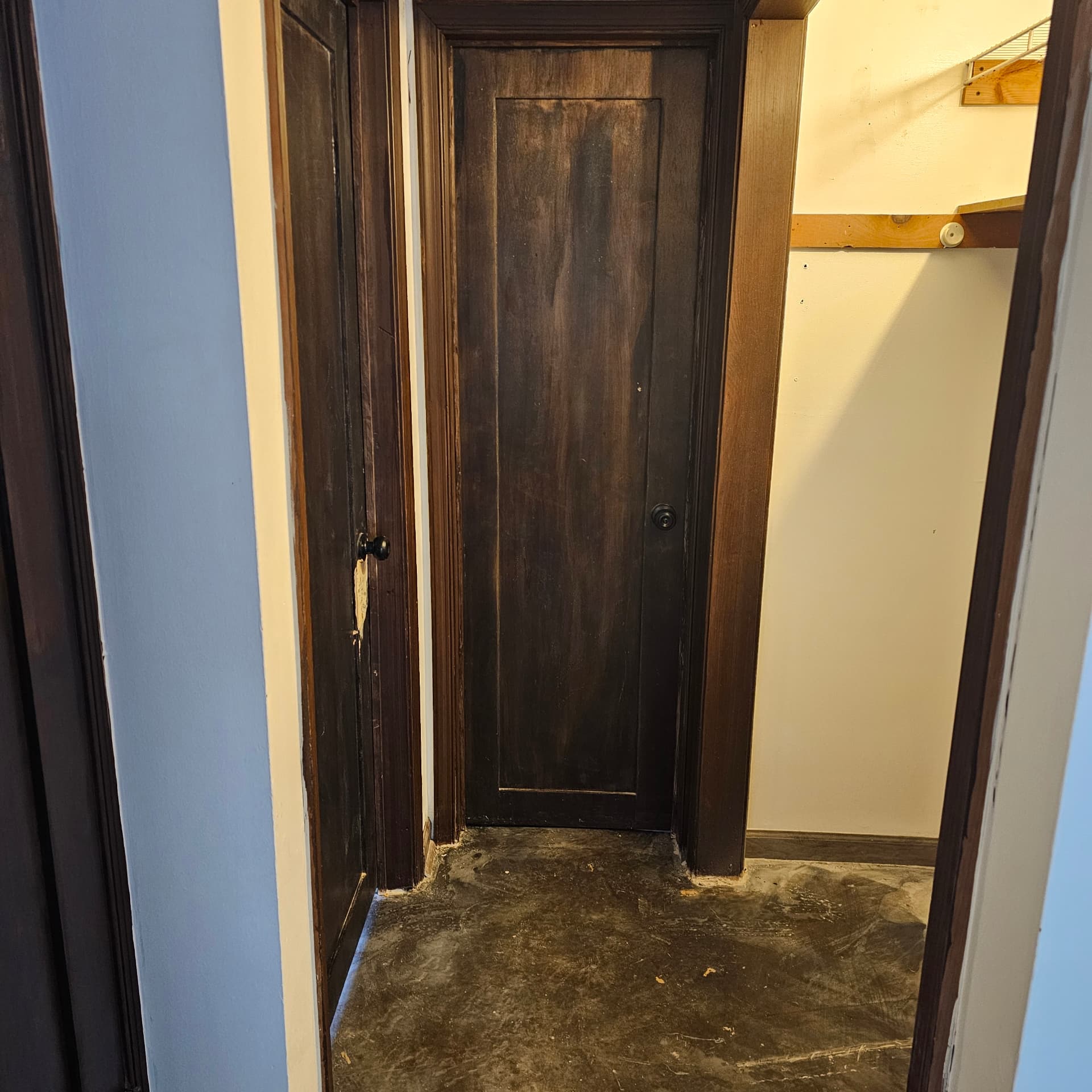 Hand-stained solid wood door installed in a hallway
